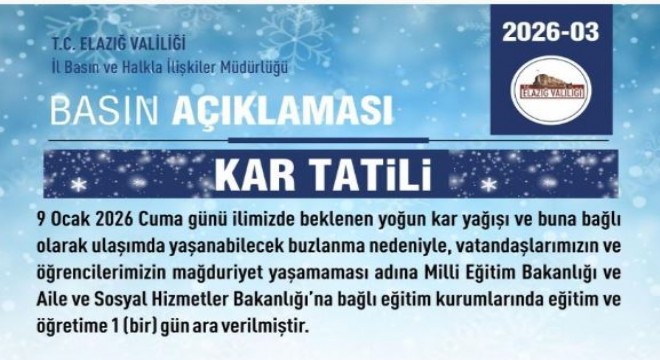 Elazığ'da eğitime 1 gün ara verildi