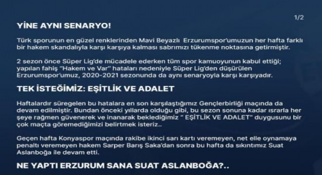 Erzurumspor'dan hakem Arslanboğa'ya tepki