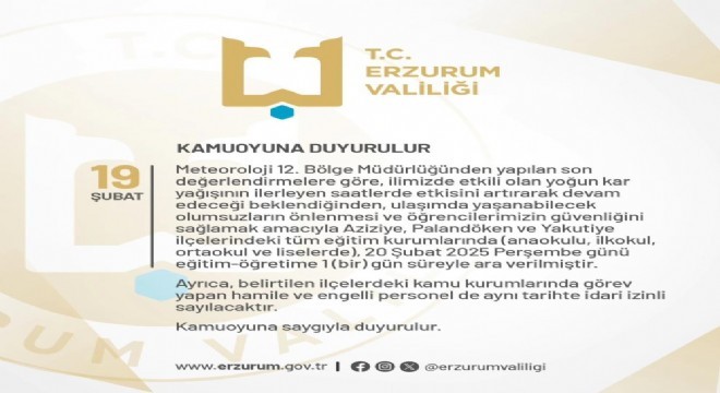 Erzurum'da eğitime 1 gün kar tatili